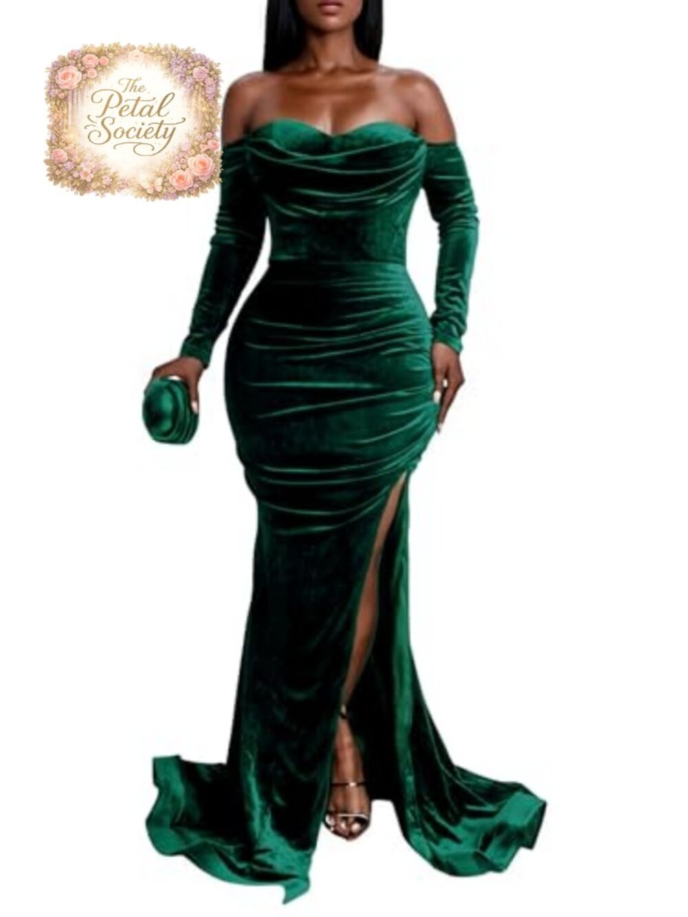 Velvet Off Shoulder High Split Maxi Dress Long Sleeve Formal